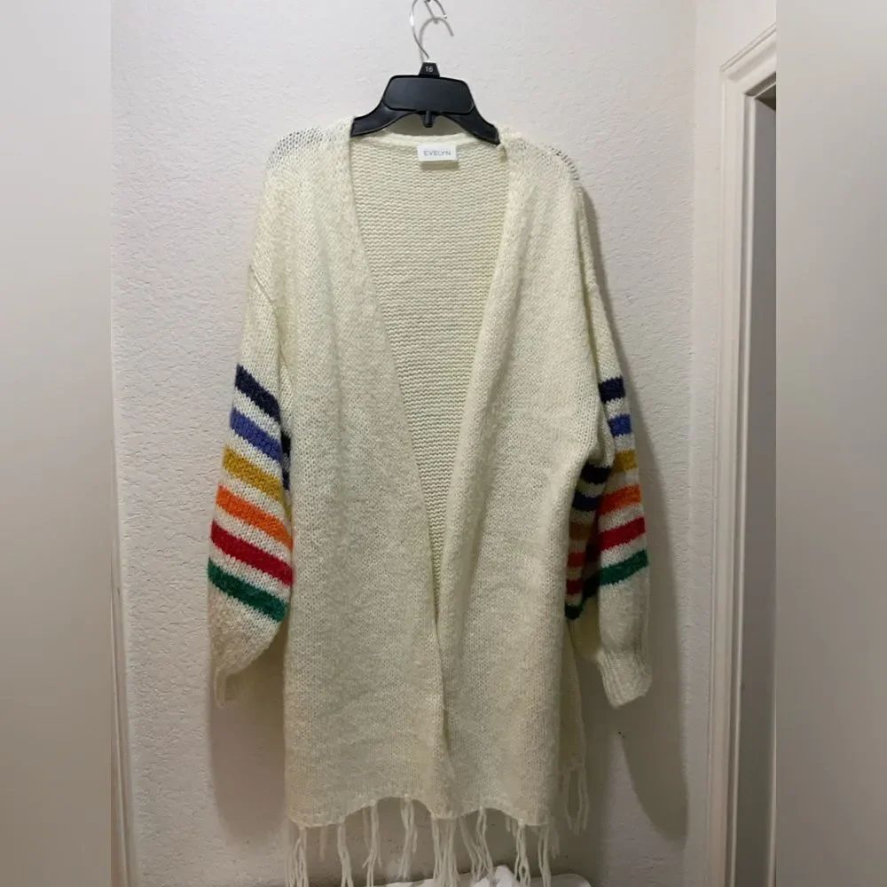 Evelyn open front Rainbow striped white knitted sweater fringe
